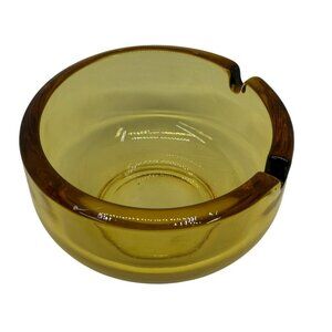 VTG MCM Amber Glass Round Ashtray 3.5" 2-Slot Heavy Rounded Cigarette Dish Retro